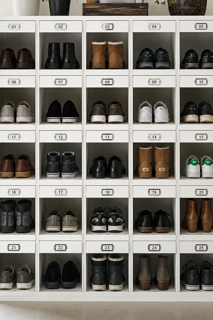Locker-style shoe cubes painted in a grid with numbered tags