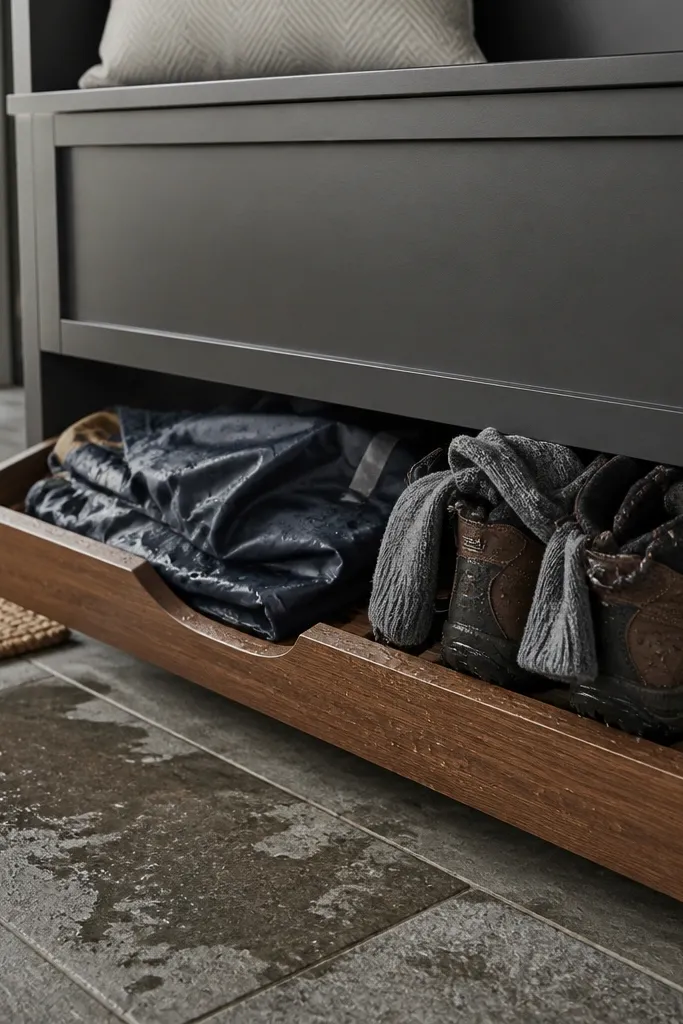 Bench with removable slat drawer for wet shoes and a clean outer cabinet