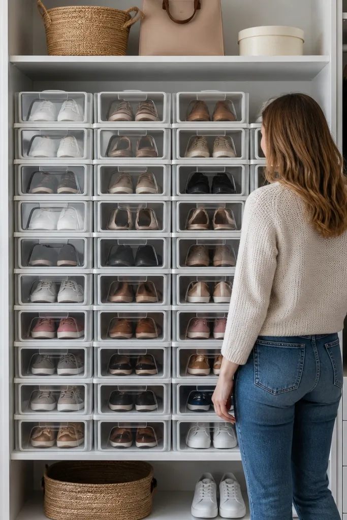 Stacked clear-lid trays with dividers for shoe pairs in a closet