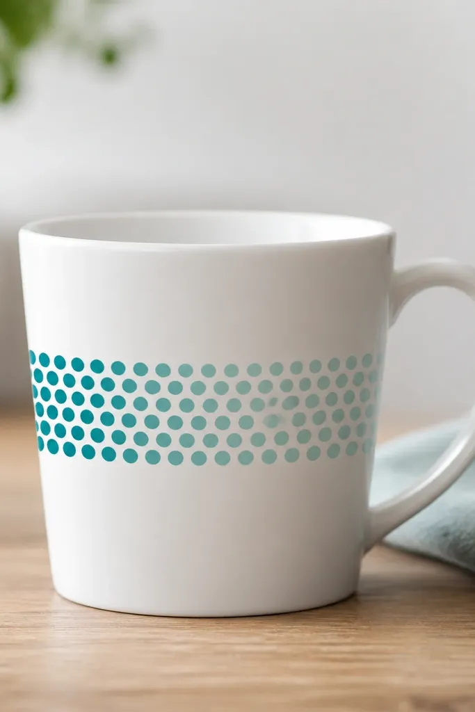 A mug with a horizontal band of dots. The dots fade from dark teal on the left to light teal on the right, with tiny white gaps between dots.