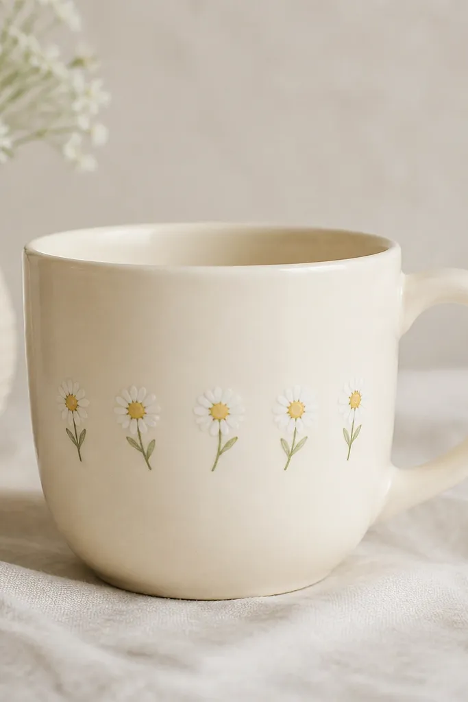 A cream mug with a line of small daisies across the front. Each daisy has white petals with a yellow center and a light green base stem.