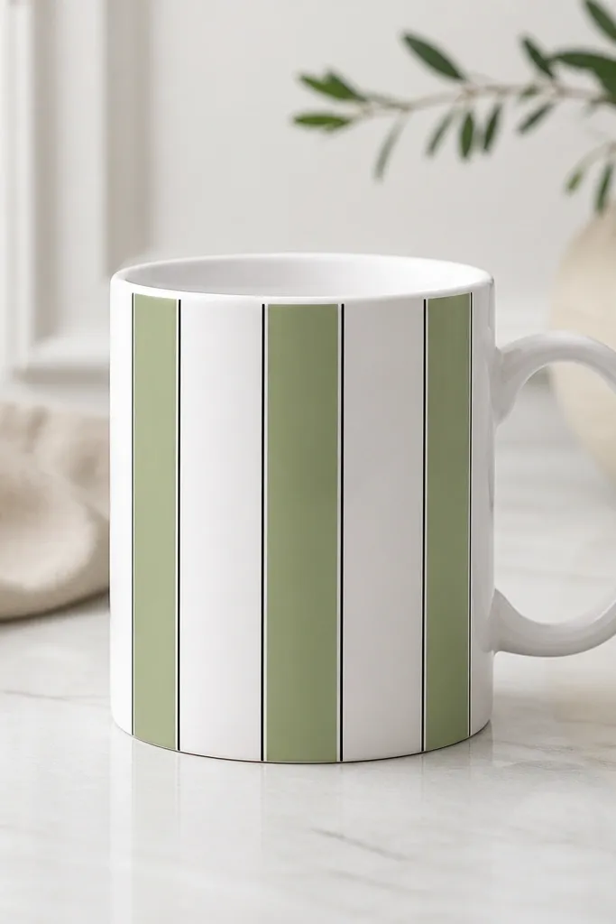 A white mug with three vertical sage stripes separated by thin black lines. The black lines look like perfect pinstripes and the stripes are evenly spaced.