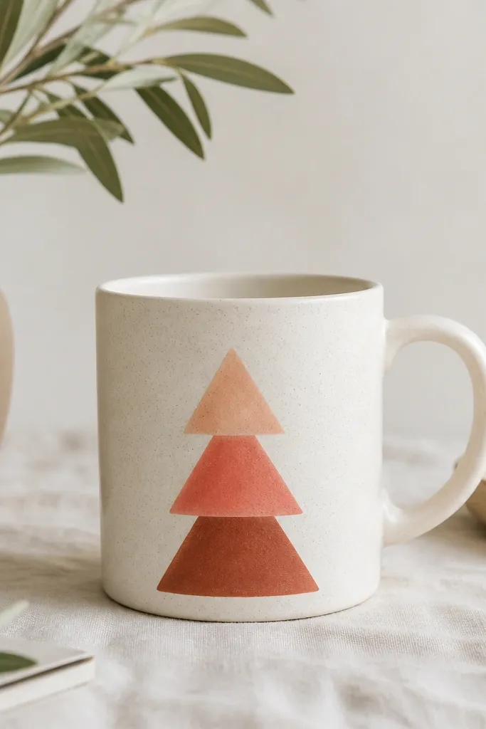 A mug with stacked triangles on the front. Top triangle is peach, middle is coral, bottom is terracotta, arranged like a simple mountain shape.