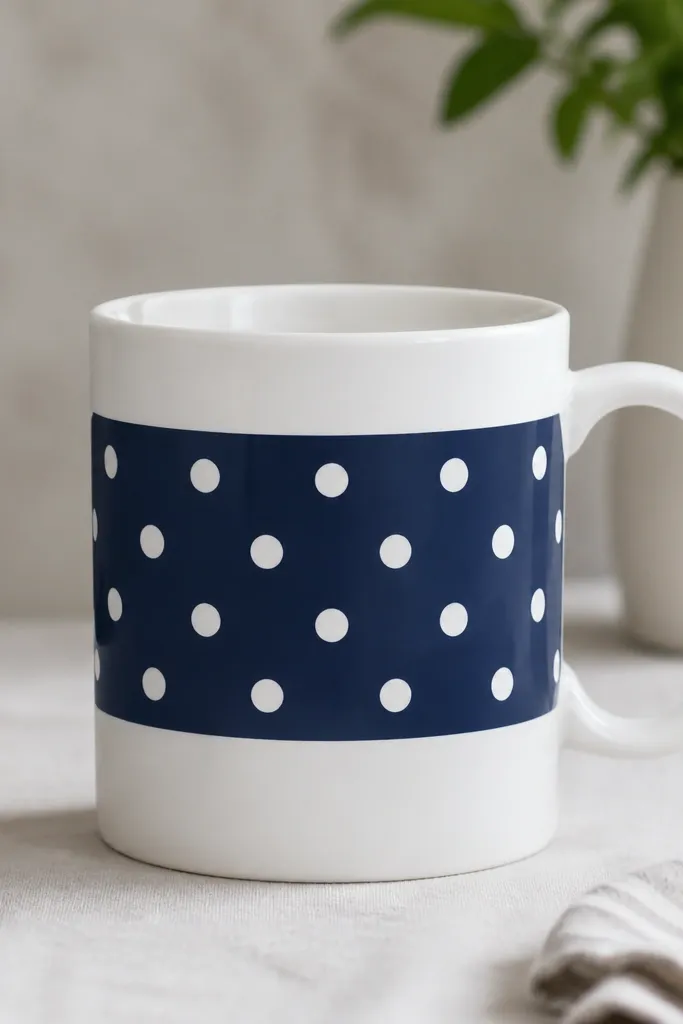 A mug with a solid navy band around the middle. On the navy band are evenly spaced white polka dots, with the rest of the mug plain white.