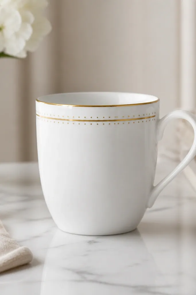A white mug with a thin gold band around the top rim. Small gold dots sit above and below the band like a micro border.