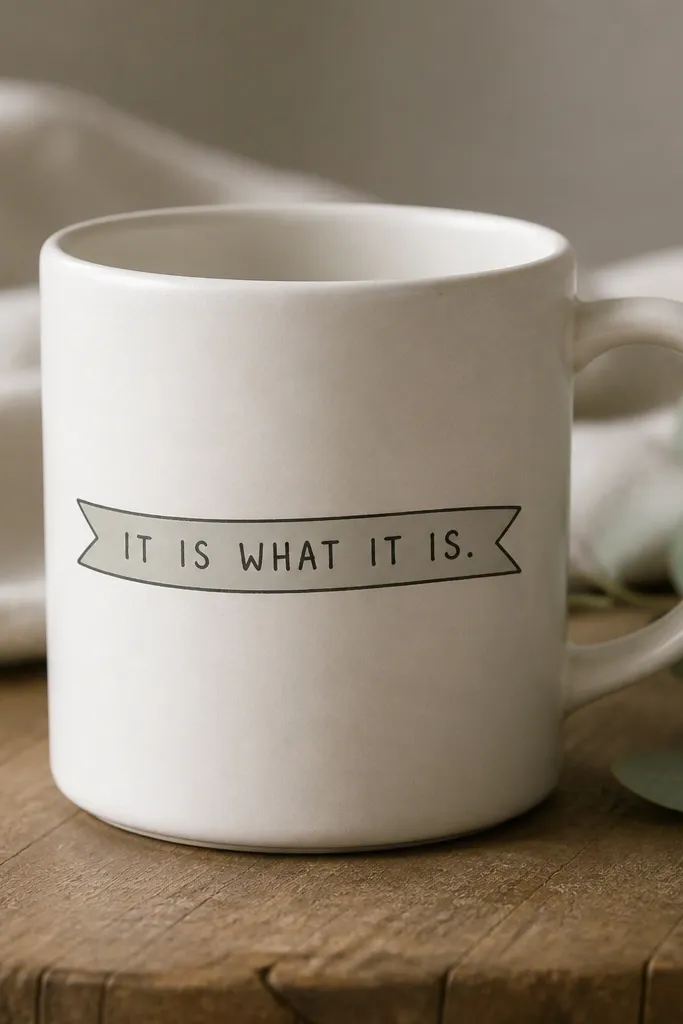 A mug with a thin banner across the front. The banner is light gray, and inside it are simple black letters that read in a single line with uneven hand-drawn charm.