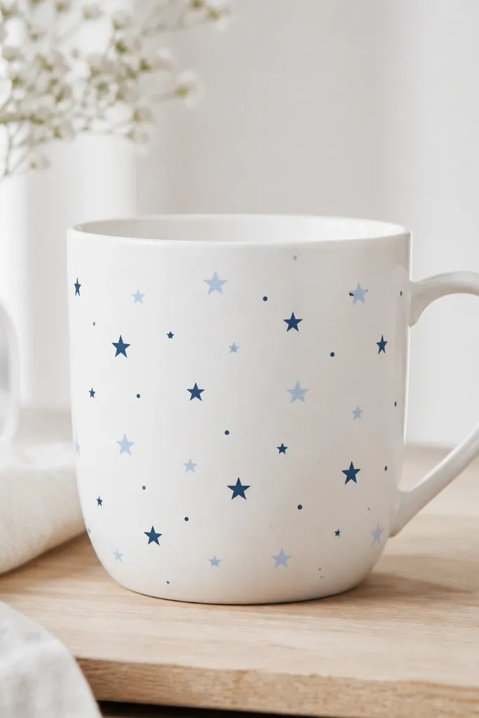 A white mug with small scattered stars in light blue and navy. Stars are mixed sizes, with a few dots between them for a confetti look.