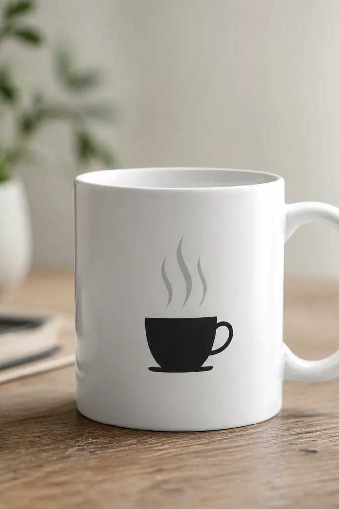 A mug with a simple black coffee cup icon on the front. Above it are three looping steam lines in light gray, each line tapering at the ends.