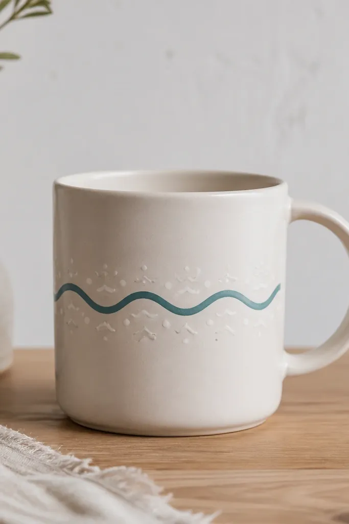 A mug with a single horizontal wavy line in teal across the front. Above and below the wave are small white dots and tiny wave ticks.
