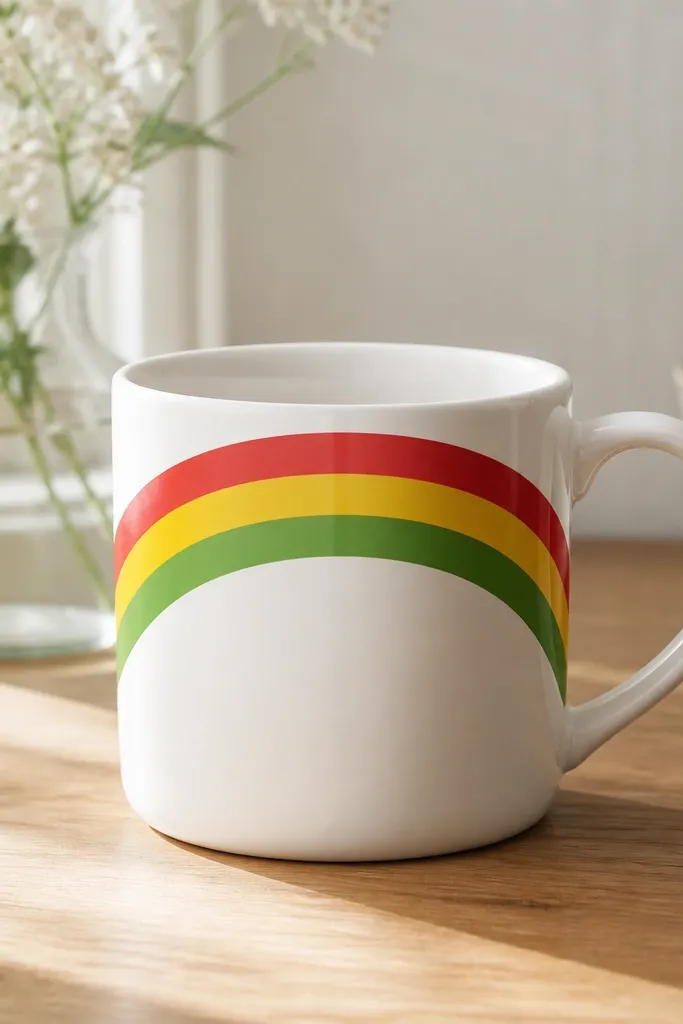 A white mug with a large arc shape near the top. The arc has three thick bands: red, yellow, and green, stacked like a partial rainbow.