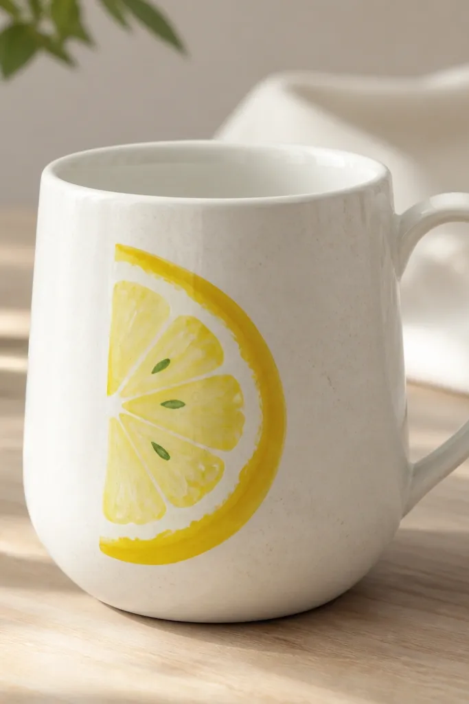A mug with a single lemon slice painted as a half-moon. The rind is bright yellow with a few white highlights and tiny green seeds.