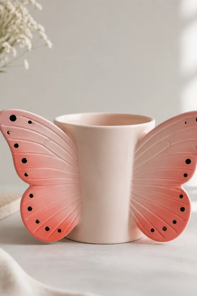 A mug with two symmetrical butterfly wings. Each wing has a gradient from light pink to coral with spaced black dots.