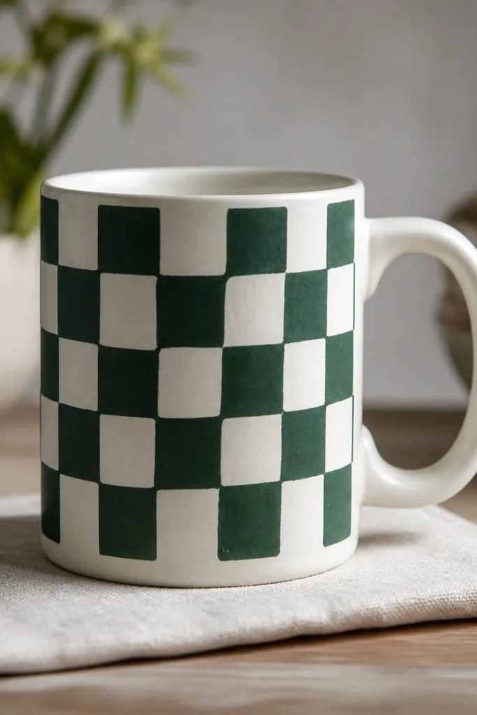 A mug with a front panel painted dark green like chalkboard. Over it are uneven white checkers with slightly imperfect edges.