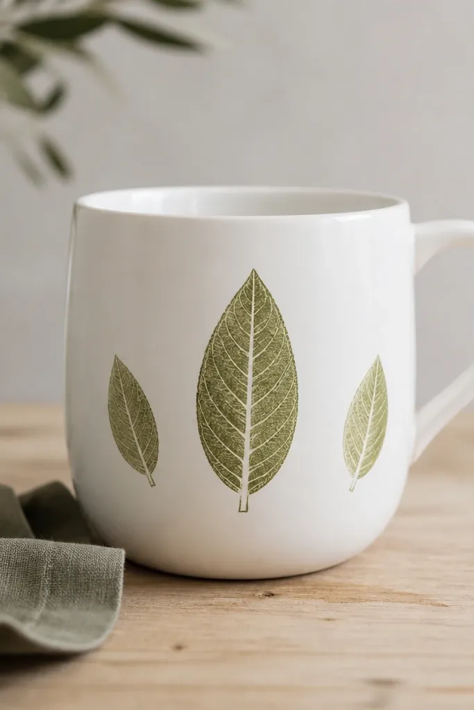 A white mug with three leaf stamps: one large olive leaf in the center, two smaller leaves on the sides. Leaves have visible vein lines in lighter green.