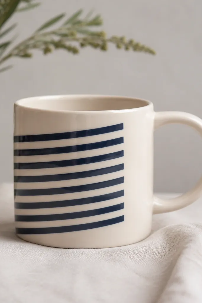 A mug with stripes only on the side opposite the handle. The stripes are navy and cream, angled slightly upward.