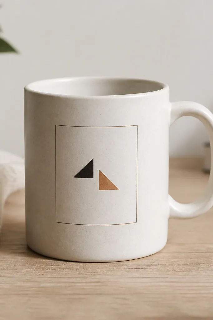 A mug with a thin square frame around the front. Inside the frame are two small triangles in contrasting colors.