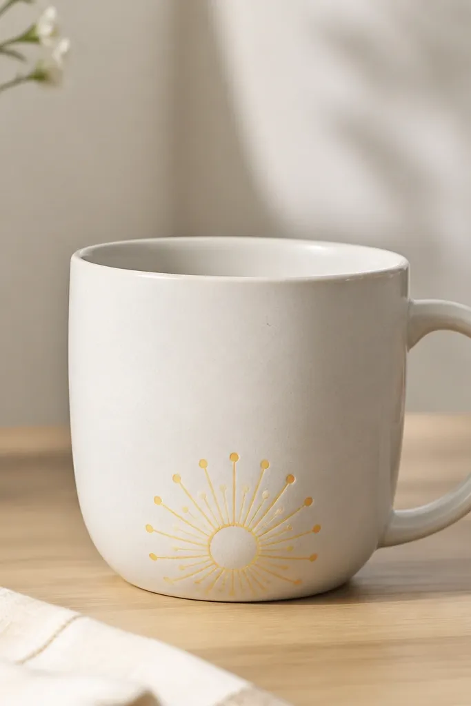 A mug with a small sunburst circle near the bottom. Rays are short lines, with tiny dots at the ends in yellow and orange.