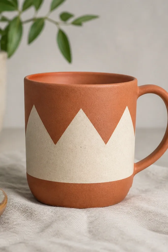 A mug with a chevron band across the middle. Chevron peaks are terracotta and the valleys are painted cream.