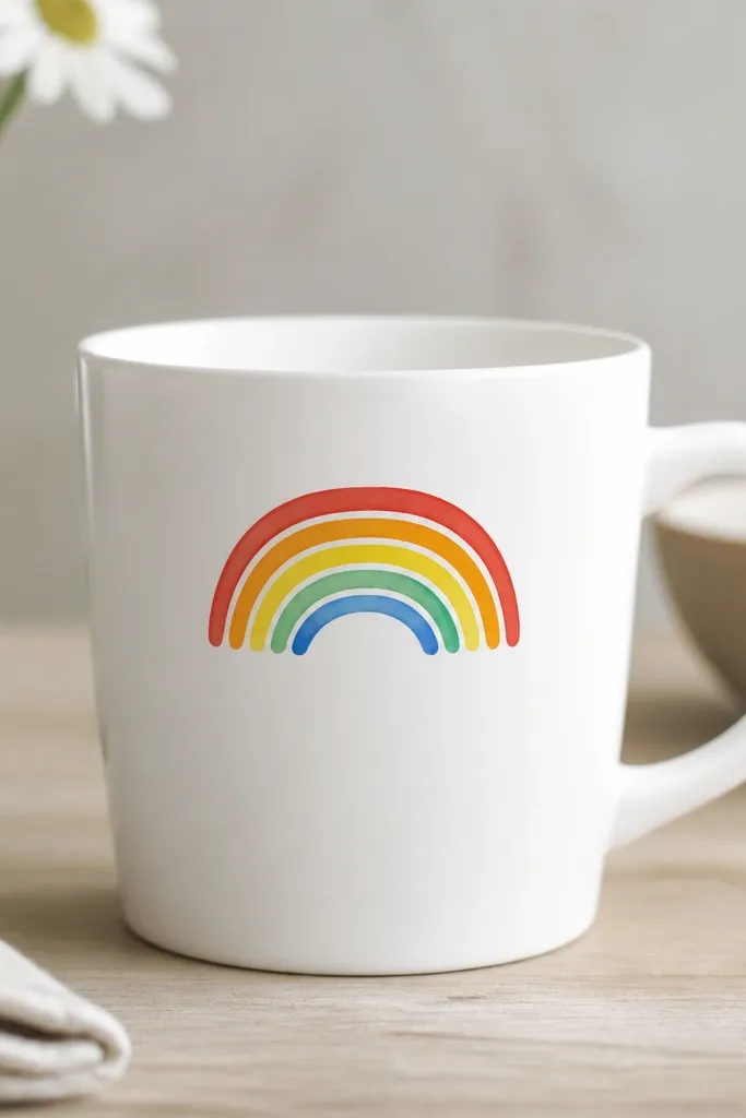 A white mug with a small rainbow painted near the top center. The rainbow has 5 thick curved stripes in red, orange, yellow, green, and blue.