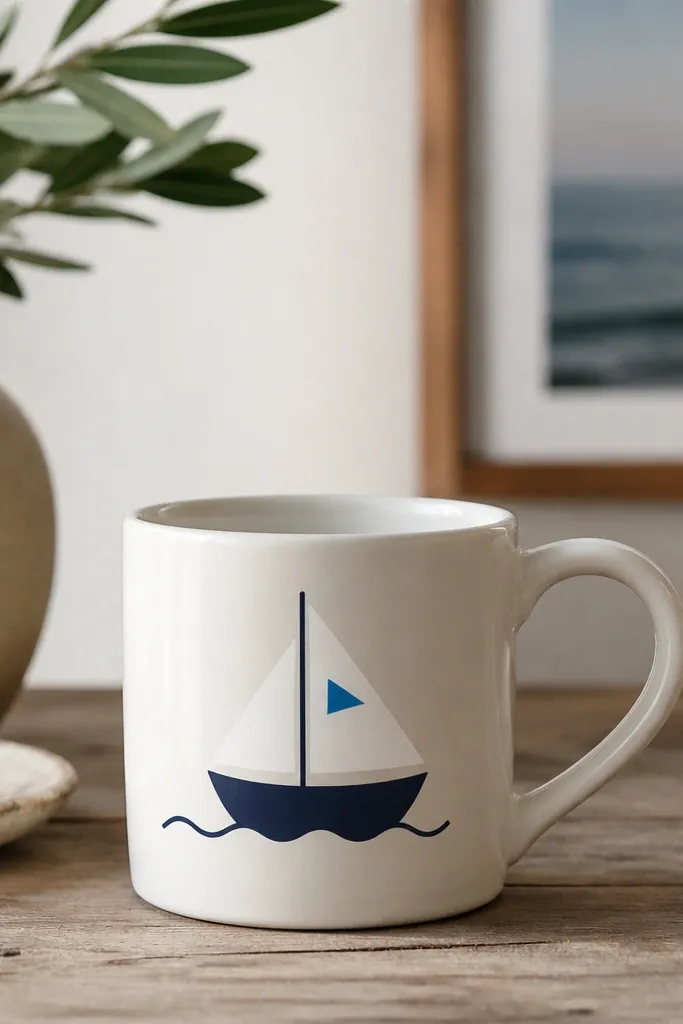 A mug with a simple navy sailboat silhouette. The sail is white with a tiny blue triangle inside, and there's a wavy water line below.