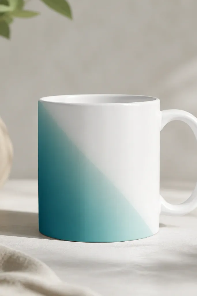 A mug with a corner design on the front. One side is a block of teal that fades into aqua toward the center, with a sharp diagonal edge.
