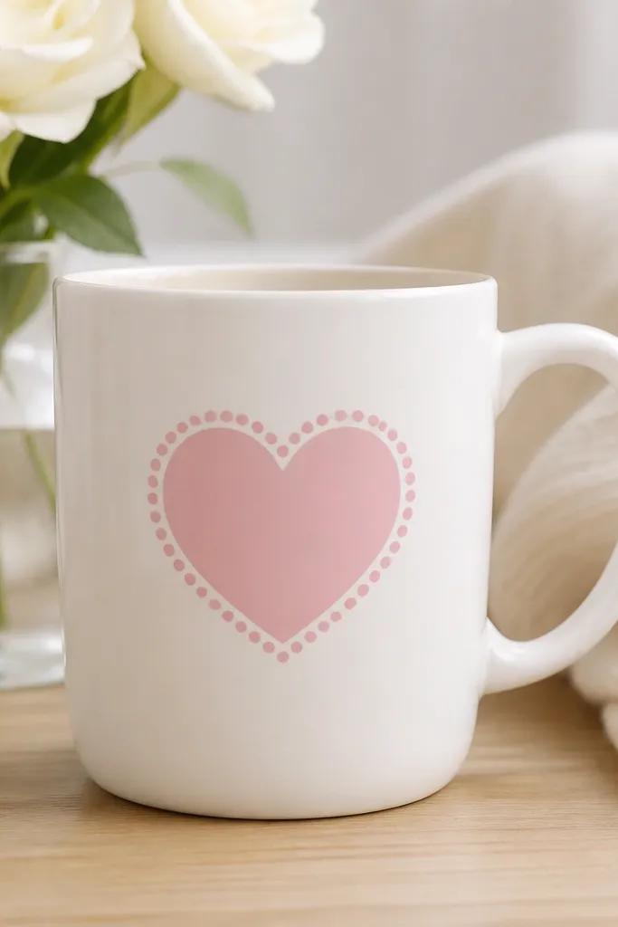 A mug with a simple one-color heart outline in pink. The outline is made of small dots, with a solid pink heart fill beneath it.