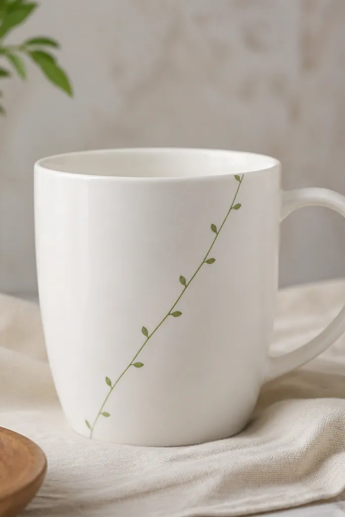 A white mug with a thin green vine line running diagonally. Tiny leaves appear along the vine at regular intervals.