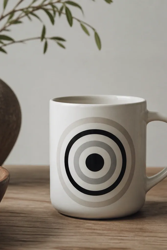 A mug with concentric circles on the front. The center is a solid black dot, surrounded by rings in black and light gray.