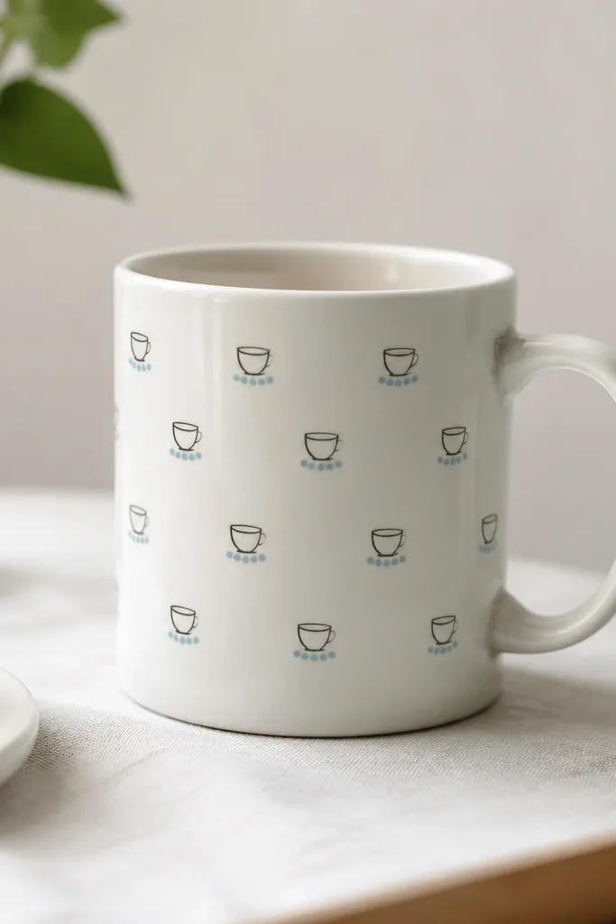 A white mug with a repeated mini teacup icon. Under each cup is a tiny dot saucer cluster in light blue.