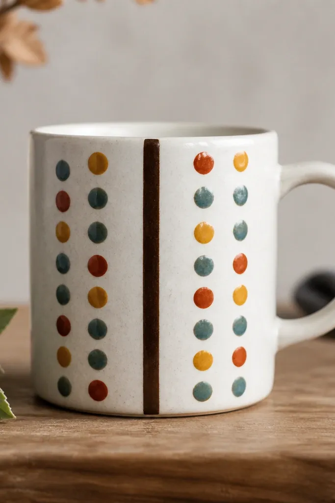 A mug with a vertical center line in dark brown. On both sides are stacked rows of dots in alternating colors like mustard, teal, and rust.