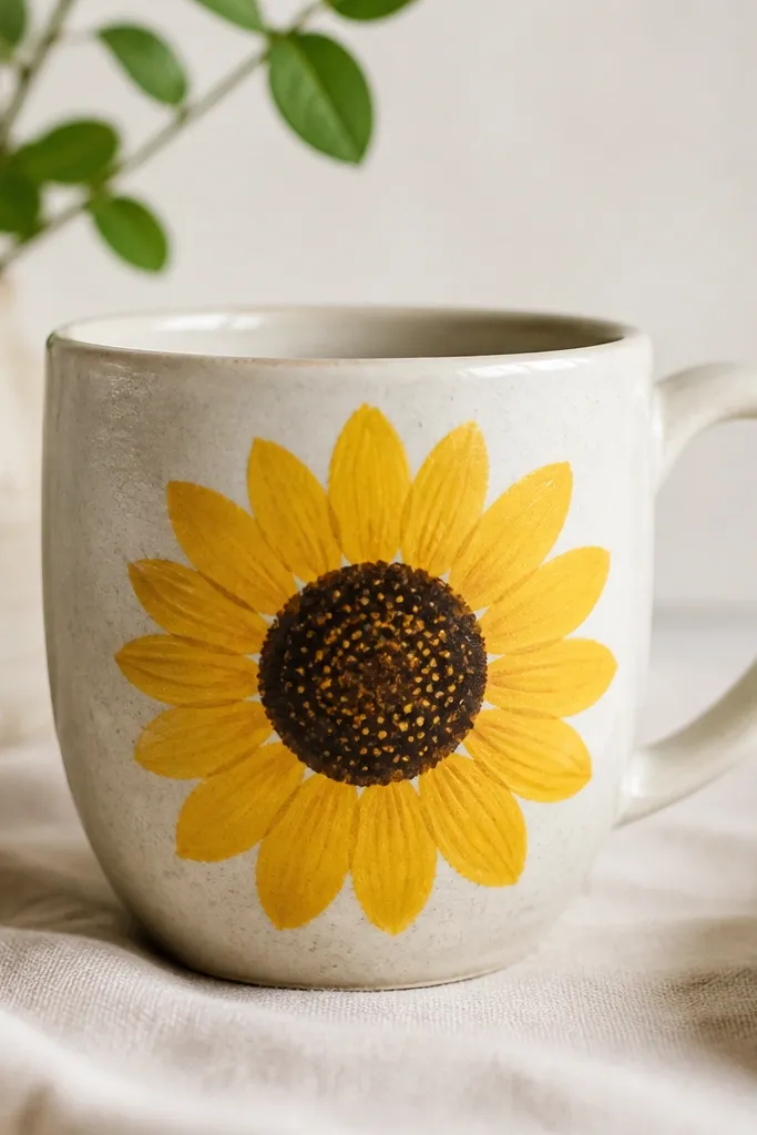 A mug with one large sunflower painted on the front. The center is a dark brown circle with small yellow dots. Petals are simple yellow half-ovals.