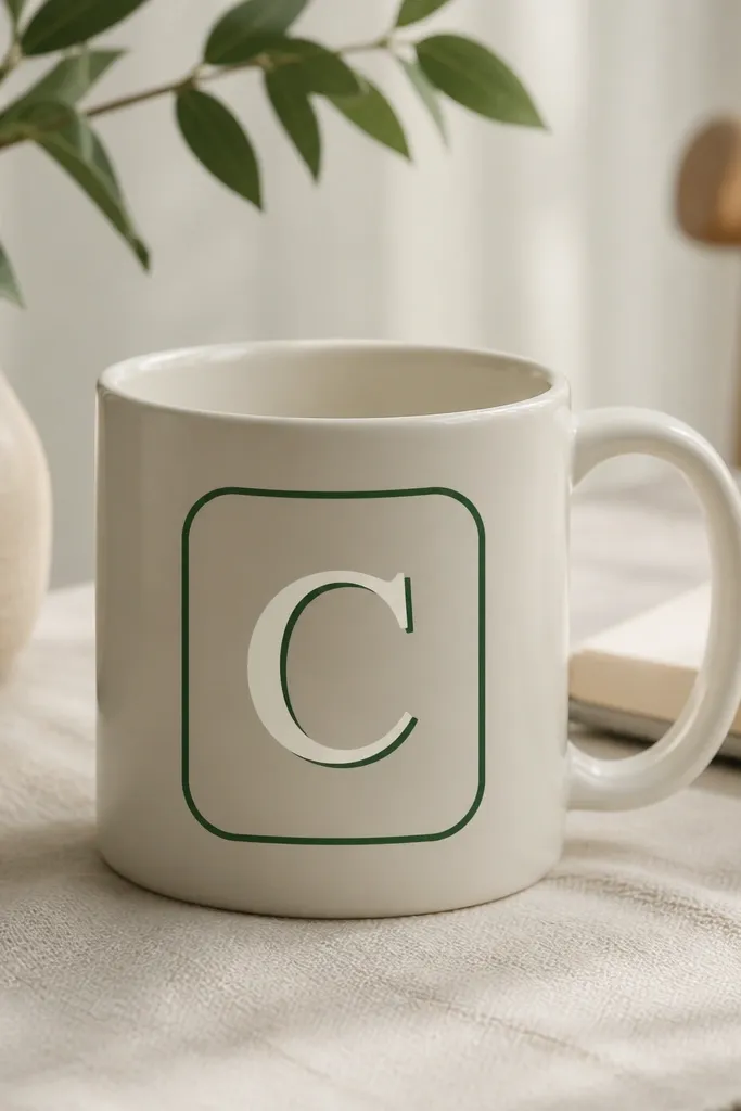 A mug with a rounded rectangle outline in dark green. Inside is a single-letter monogram in cream paint with a small shadow line in lighter green.