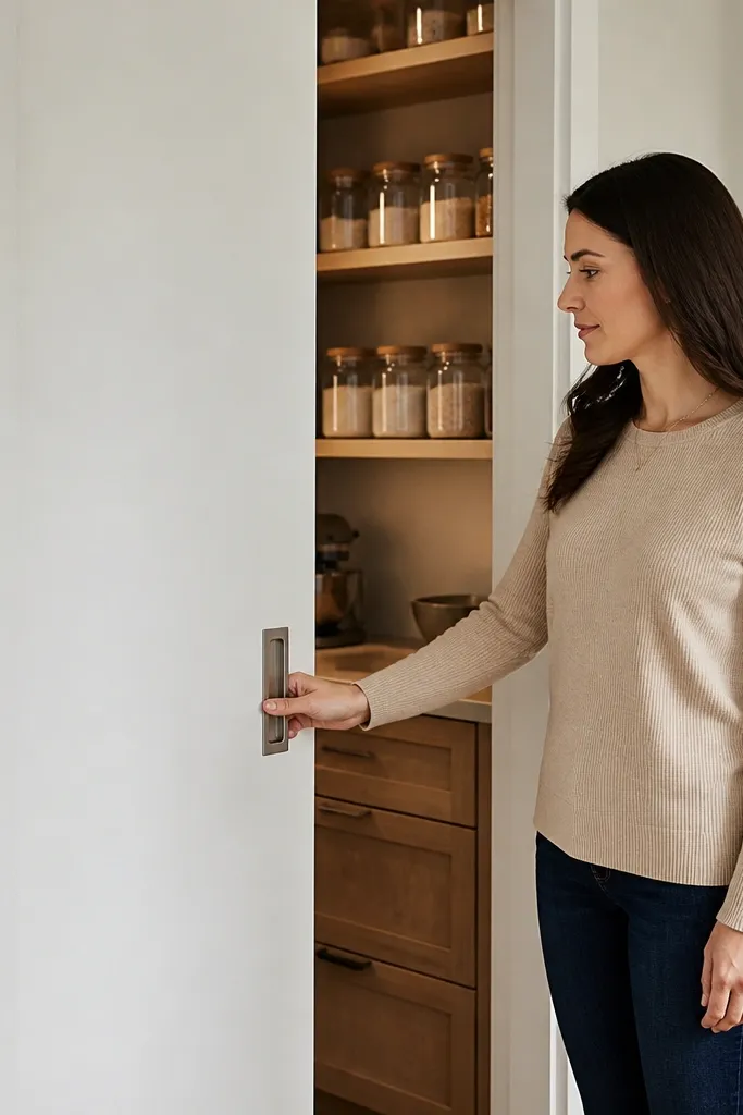 White flush sliding door with minimal hardware and a smooth top rail