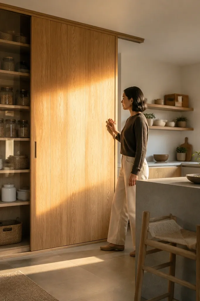 Oak veneer sliding door with warm wood tone and a clean, covered track