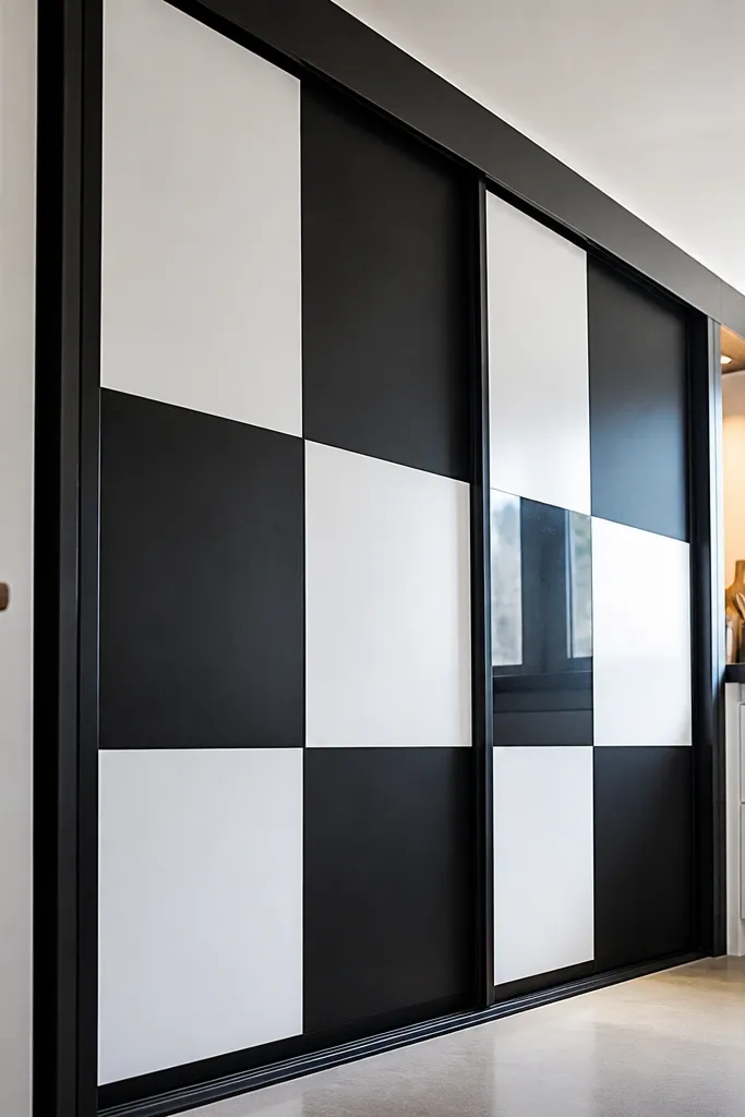 Black and white checker pattern sliding door with a simple matte frame