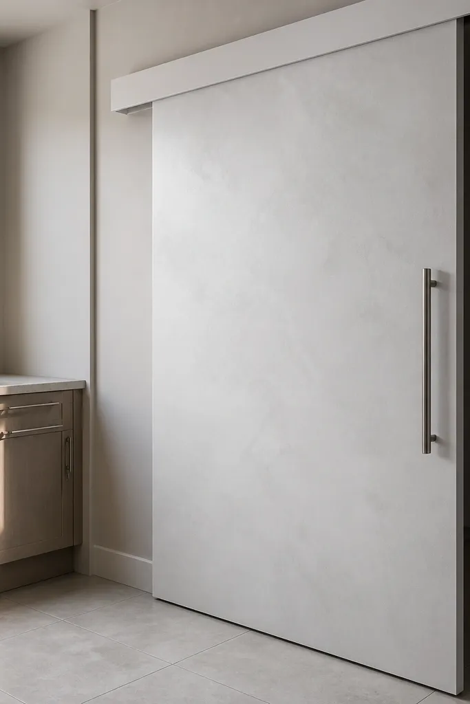 Textured white sliding door with a clean top track and minimal hardware