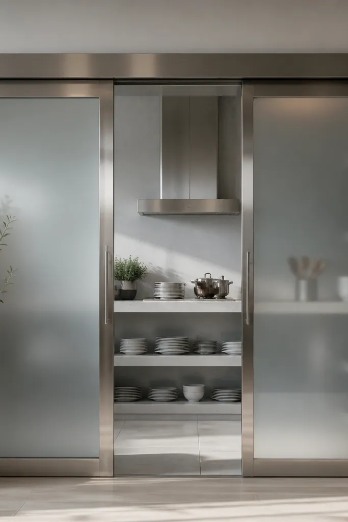 Stainless metal framed sliding door with frosted glass panels and covered track