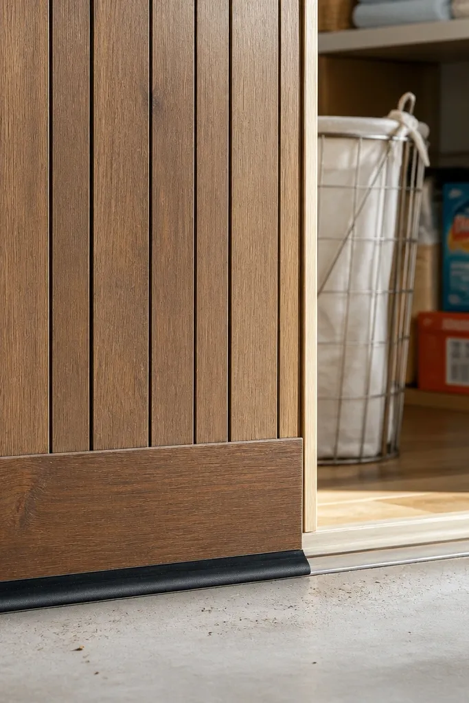 Walnut slat sliding door with visible wood slats and a bottom sweep