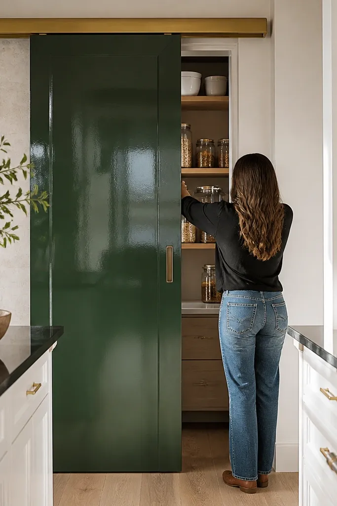 Deep green enamel sliding door with brass accents and covered track