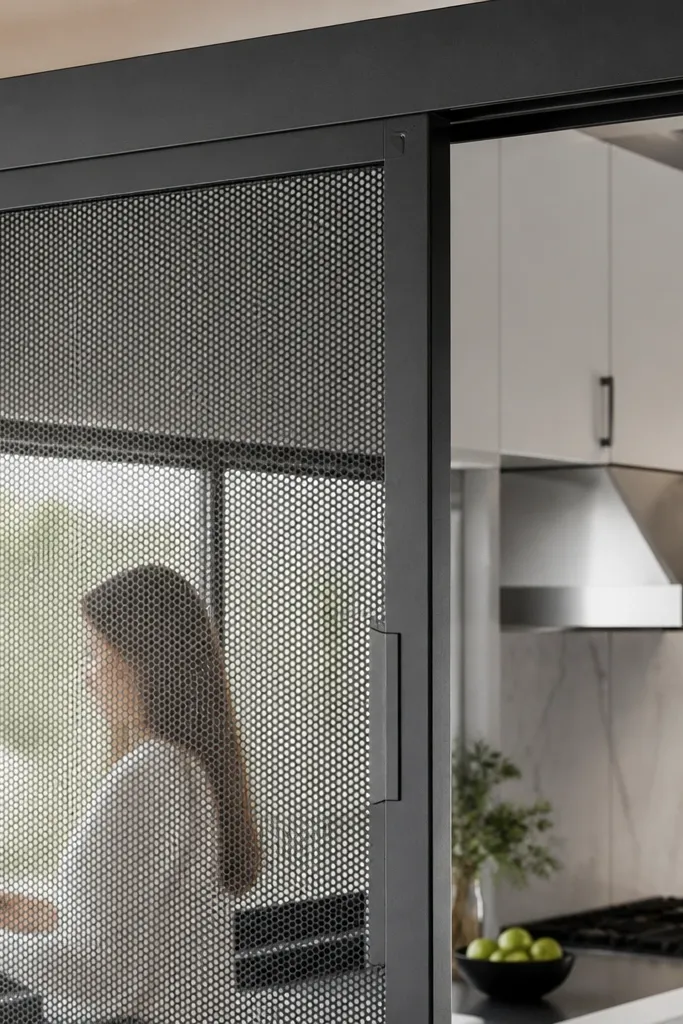 Charcoal sliding door made of metal mesh with a covered track