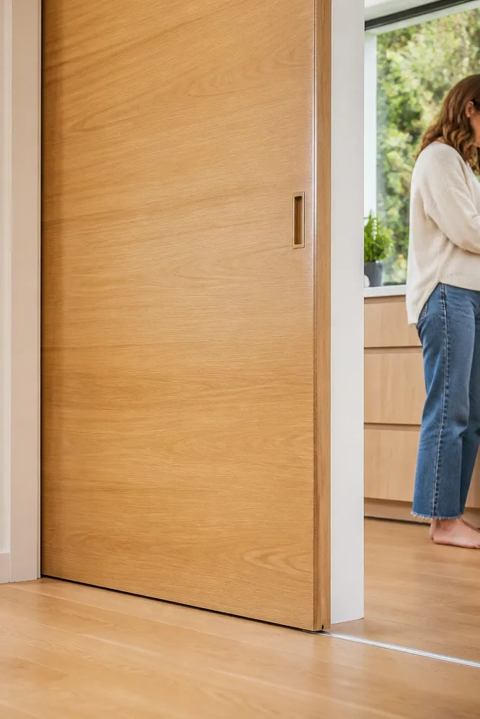 Pale wood slab sliding door with clear protective topcoat and covered track