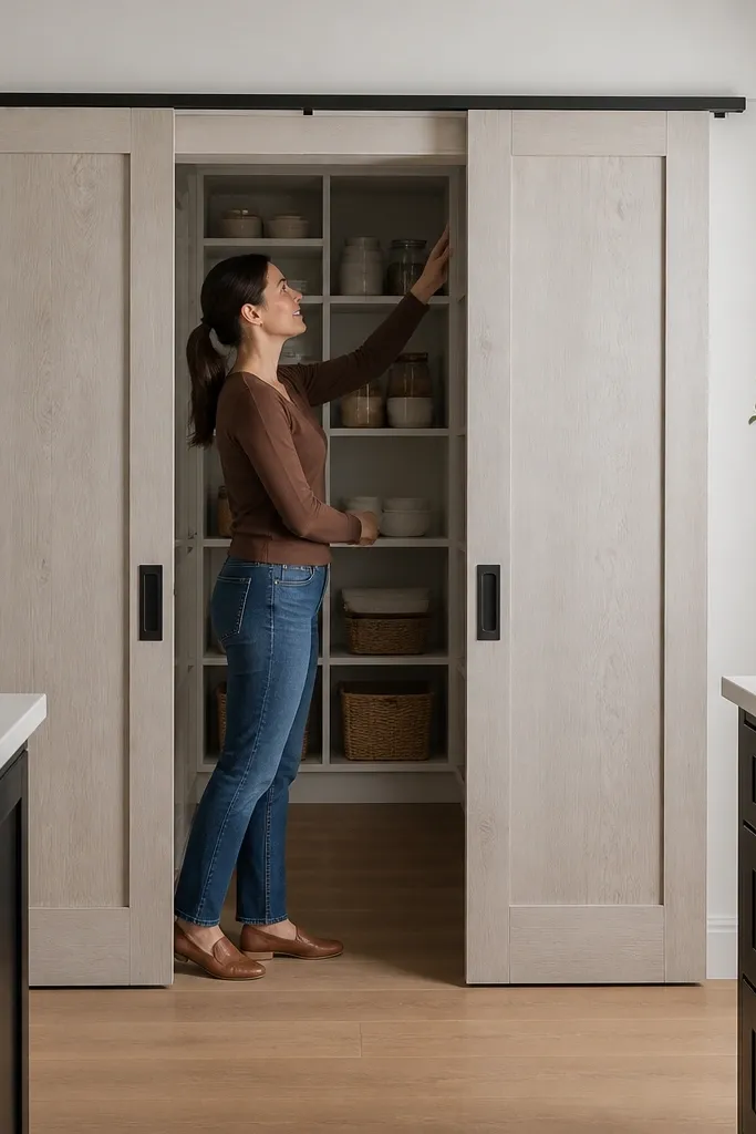 Two-panel sliding door system with a neat pocket stop and covered rail