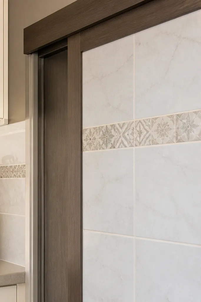 Framed sliding door with ceramic tile insert and covered track