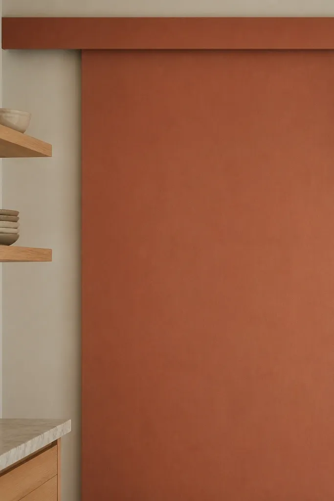 Matte terracotta sliding door with subtle texture and covered track