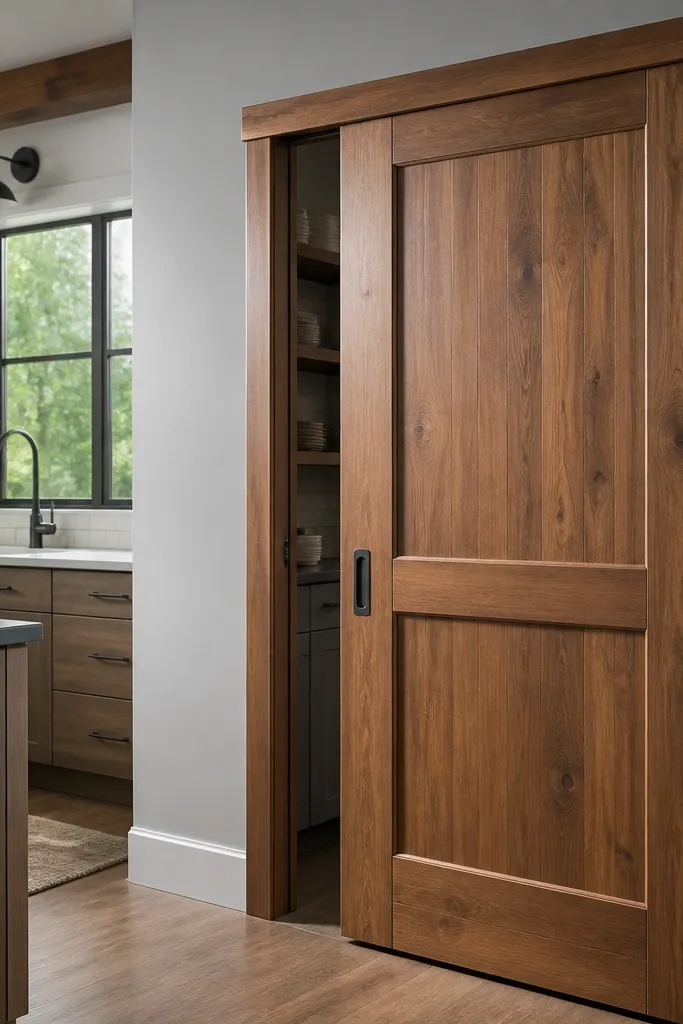 Stained alder sliding door with clear edge banding and covered track