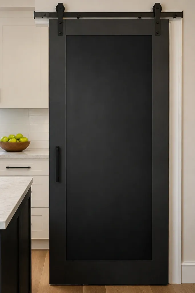 Charcoal sliding door with matte chalkboard panel and covered track