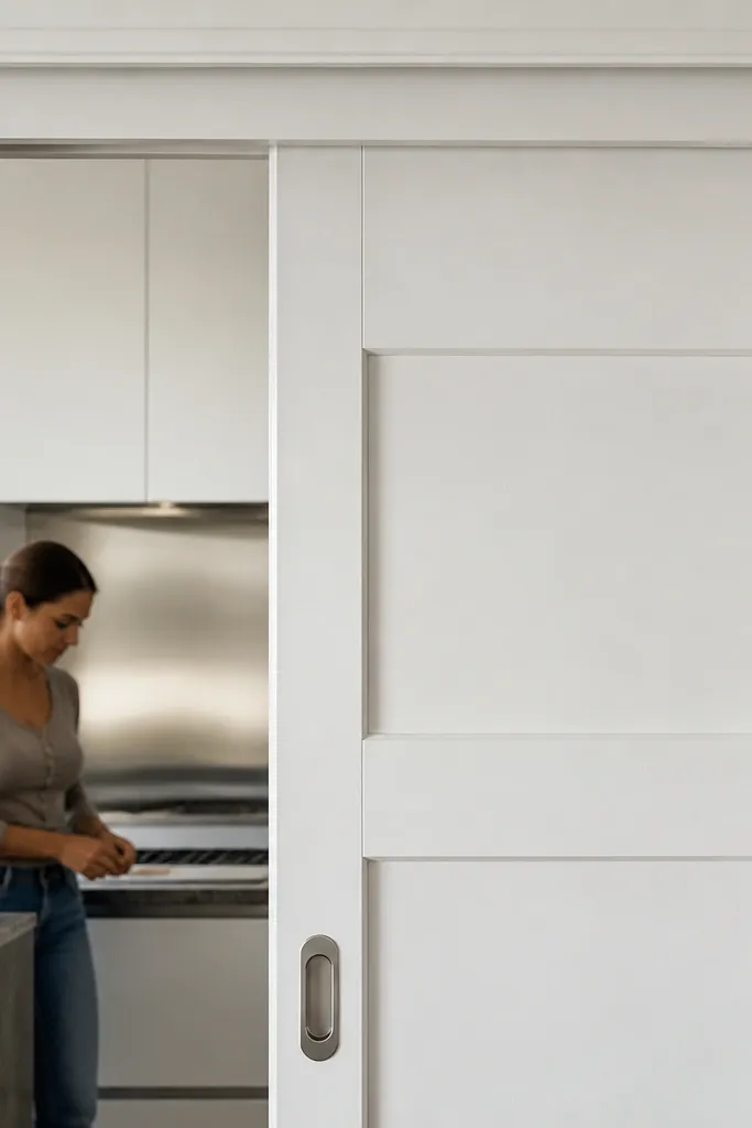 Bright white micro-panel sliding door with smooth edges and covered track