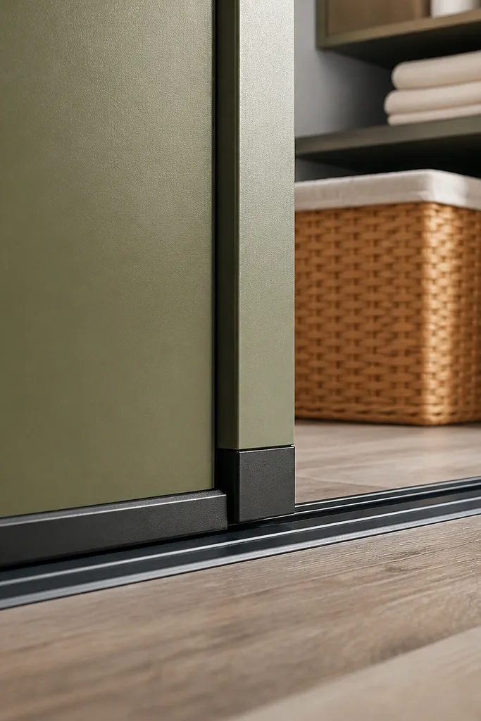 Olive green slab sliding door with a dust guard over the track