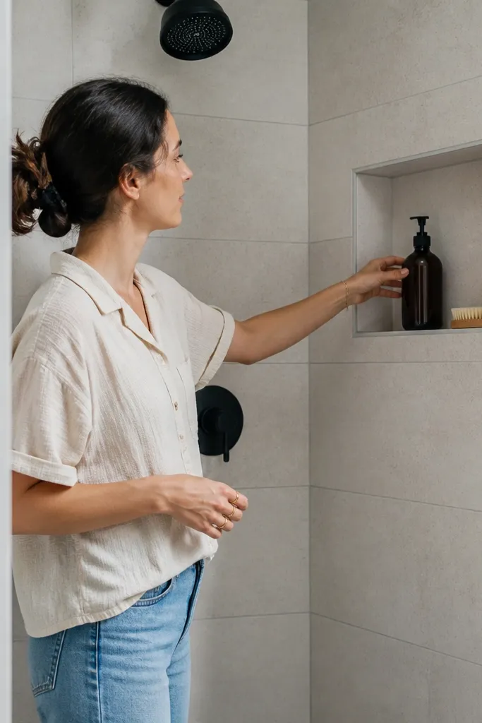 Matte light-gray porcelain shower walls with minimal grout lines