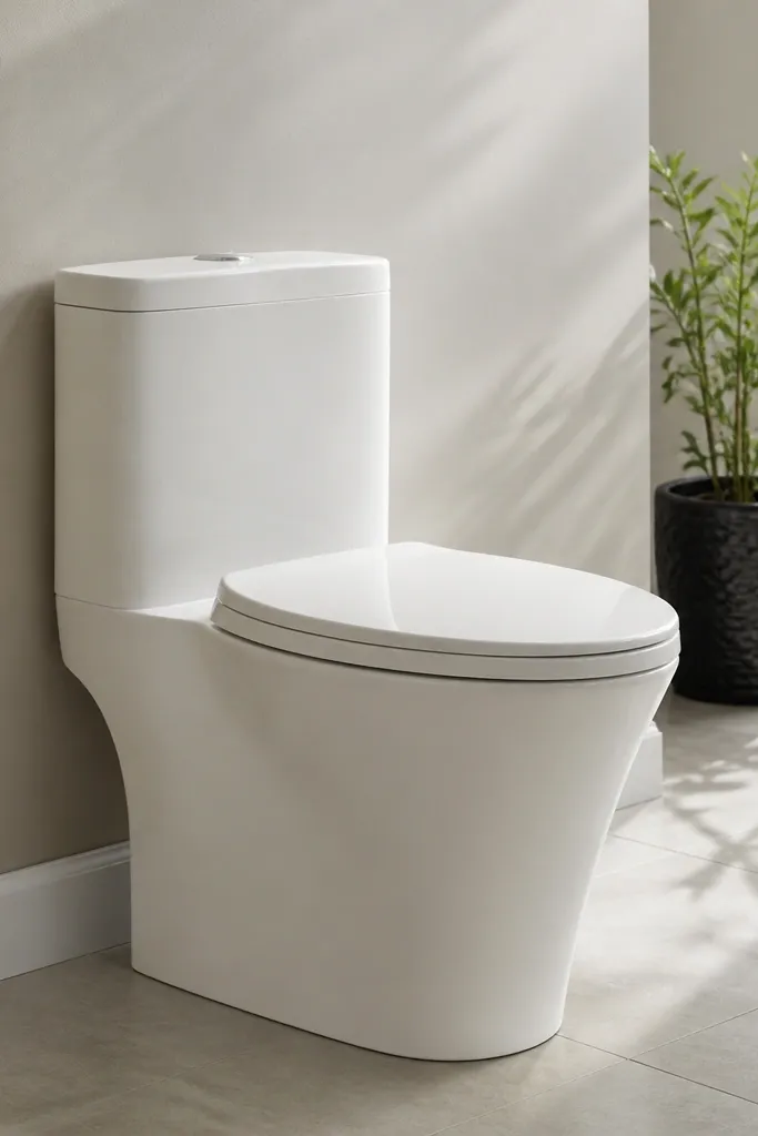 White one-piece toilet with smooth sides and concealed trapway